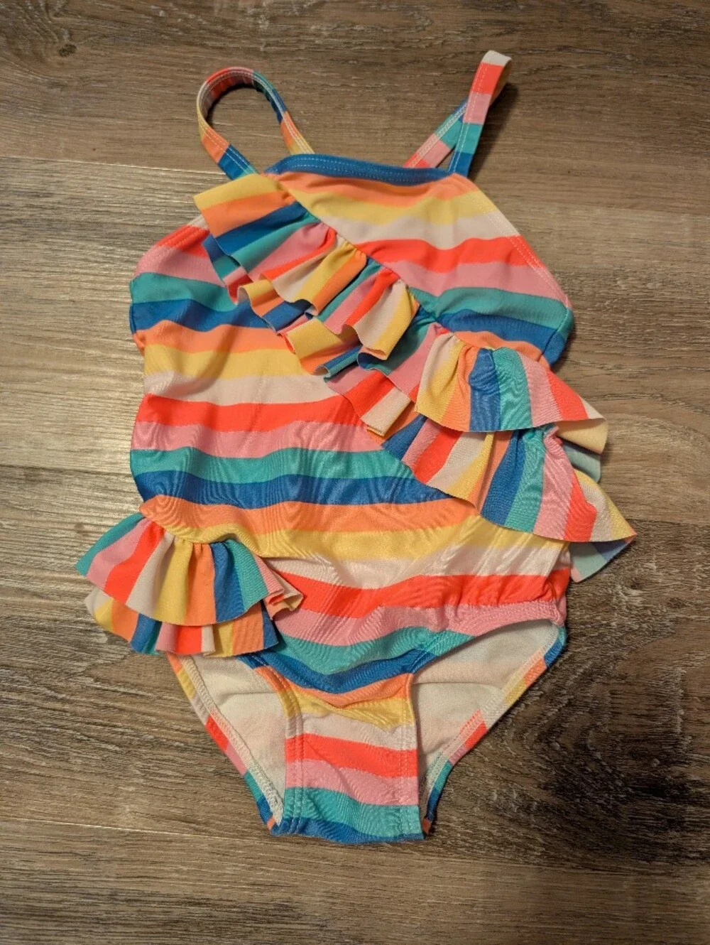 Kids Rainbow Stripe Ruffle Swimsuit - Multicolor